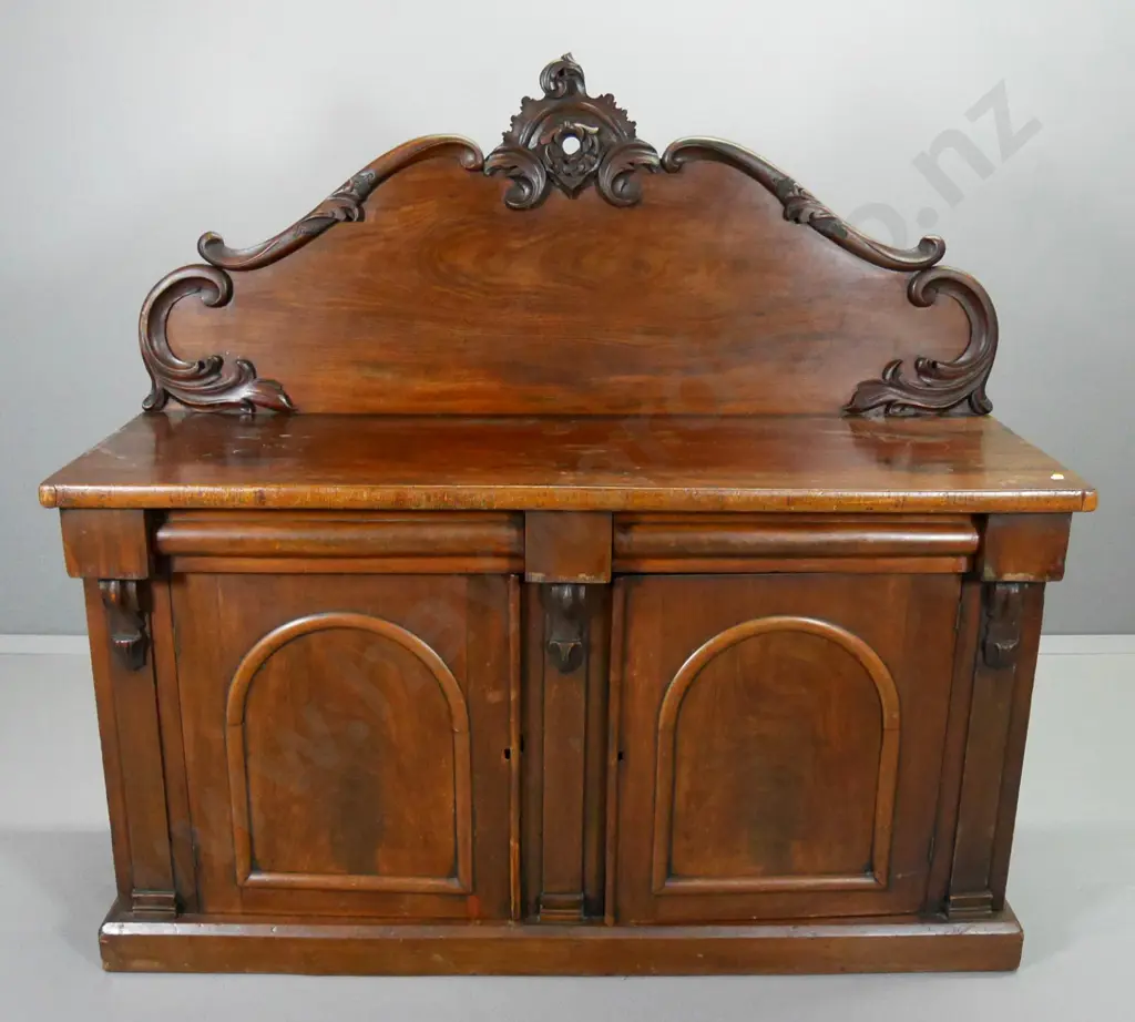 vintage mahogany chiffonier w/carved detail & corbels, 2 door, 2 drawer, splits on ends, loose bead etc H1450 W1510 D510 Image 1++