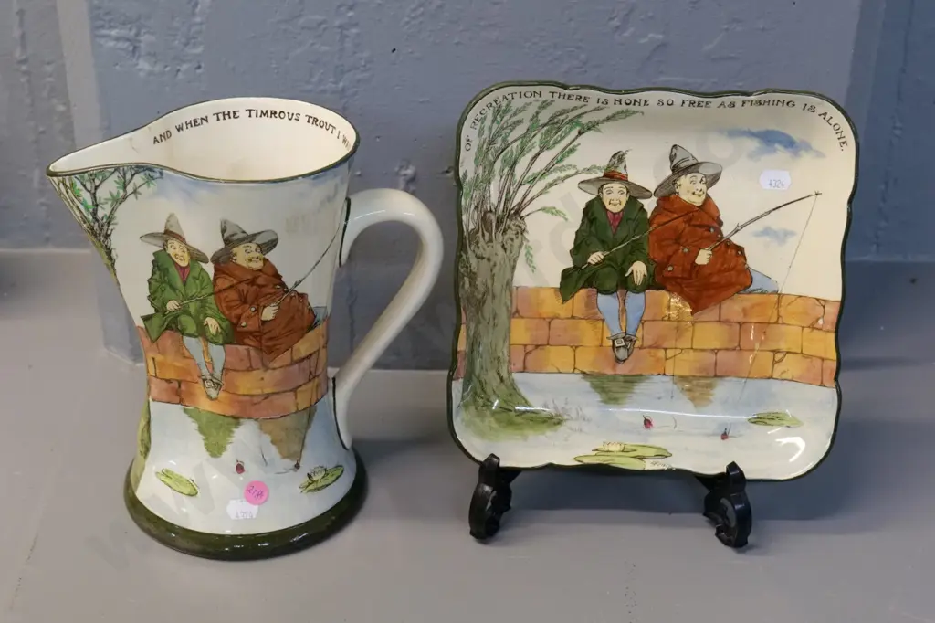 2 pieces Royal Doulton Gallant Fishers pattern - jug with small crack & fleck H220 and bowl - some crazing Image 1++