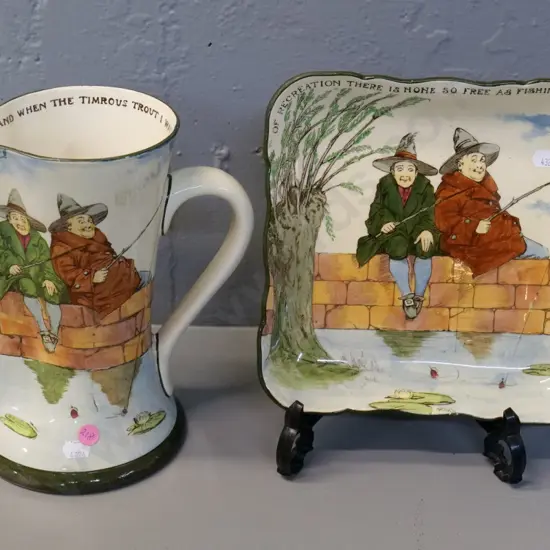 2 pieces Royal Doulton Gallant Fishers pattern - jug with small crack & fleck H220 and bowl - some crazing