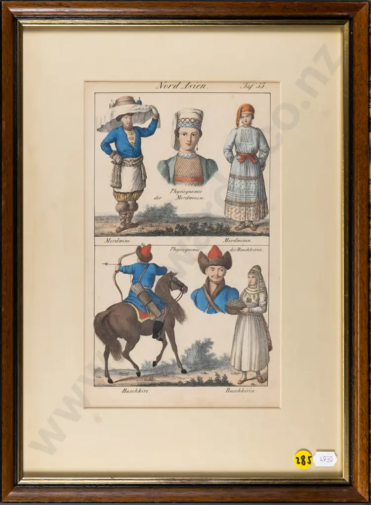 framed coloured engraving - traditional attire H-250 W-130 Image 1++