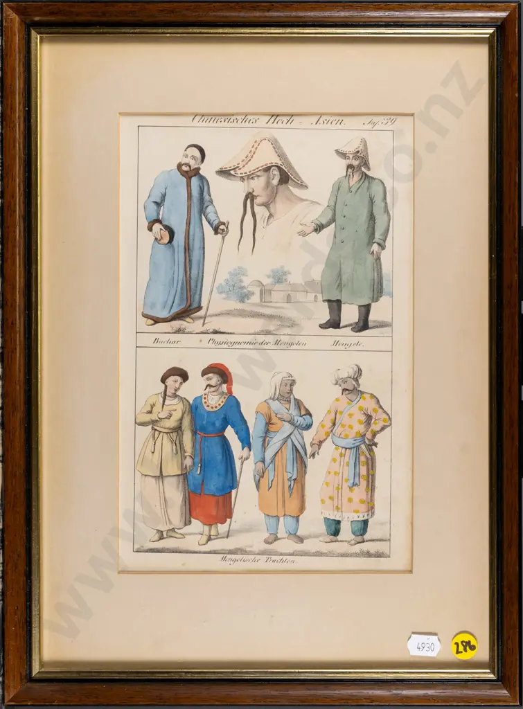 framed coloured engraving - traditional attire H-250 W-130 Image 1++