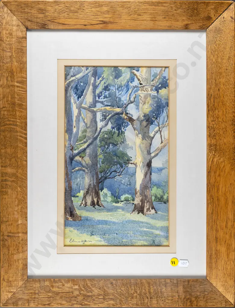 illegible signature - framed watercolour - trees H-310 W-170 Image 1++