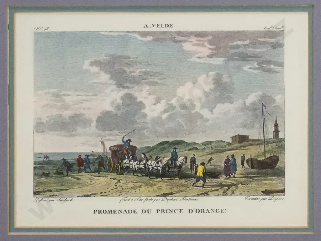 framed hand coloured vintage print "Promenade du Prince D'Orange" H-185 W-250 Image 1++