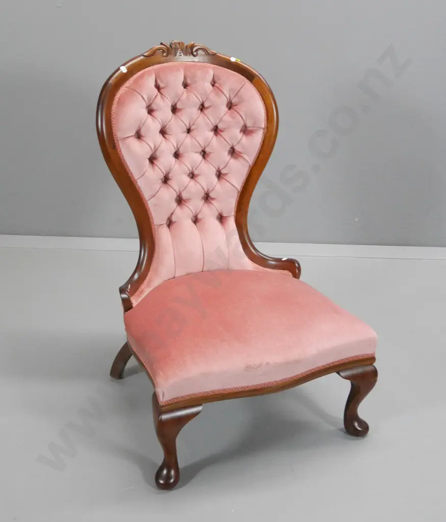 reproduction mahogany carved back Victorian style lady's chair, deep-button back pink velvet upholstery H890 W550 D500 Image 1++