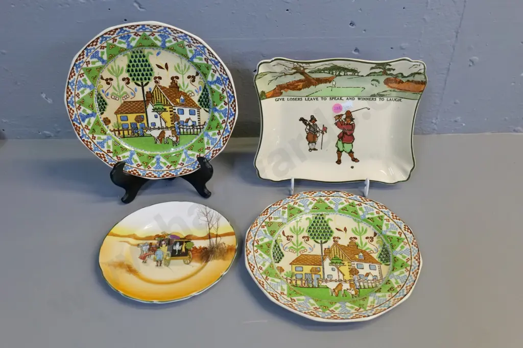 4 pieces Royal Doulton - golfing dish H180 W230, Coaching Days plate, 2 Sampler plates Image 1++