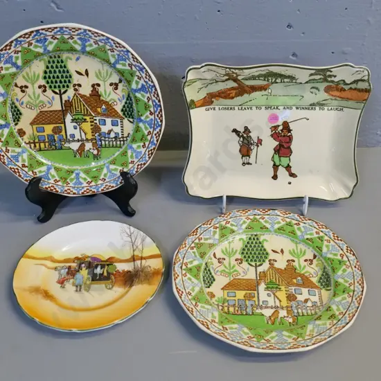 4 pieces Royal Doulton - golfing dish H180 W230, Coaching Days plate, 2 Sampler plates