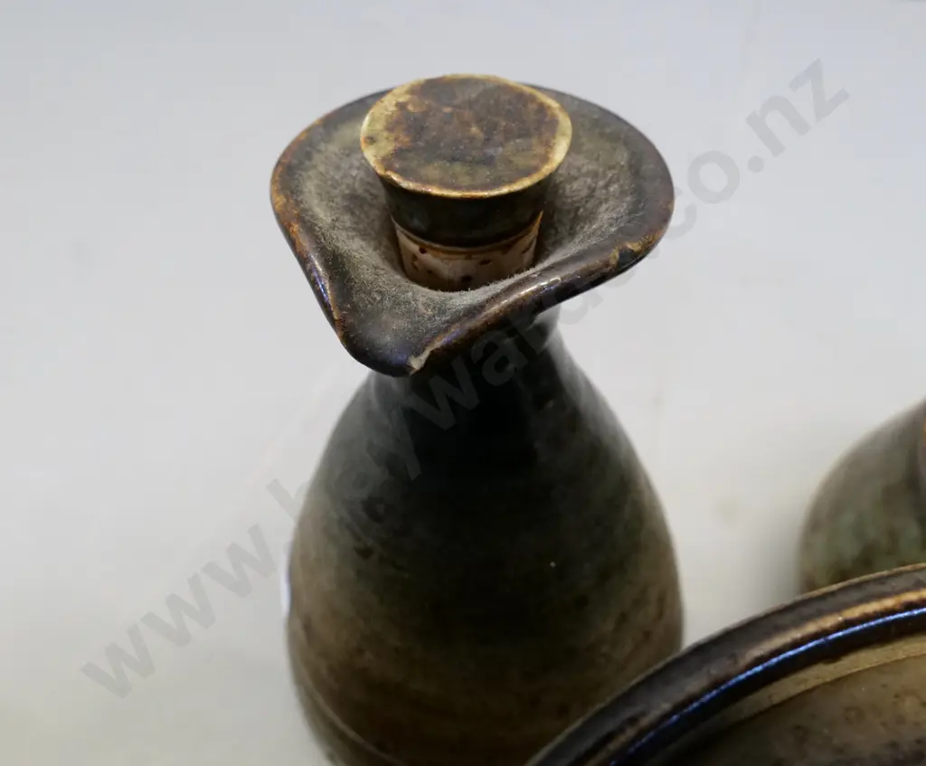 4 Waimea New Zealand studio pottery - biscuit barrel H160 D-160, tankard, sugar bowl, sauce bottle w/tiny chip to spout Image 1++