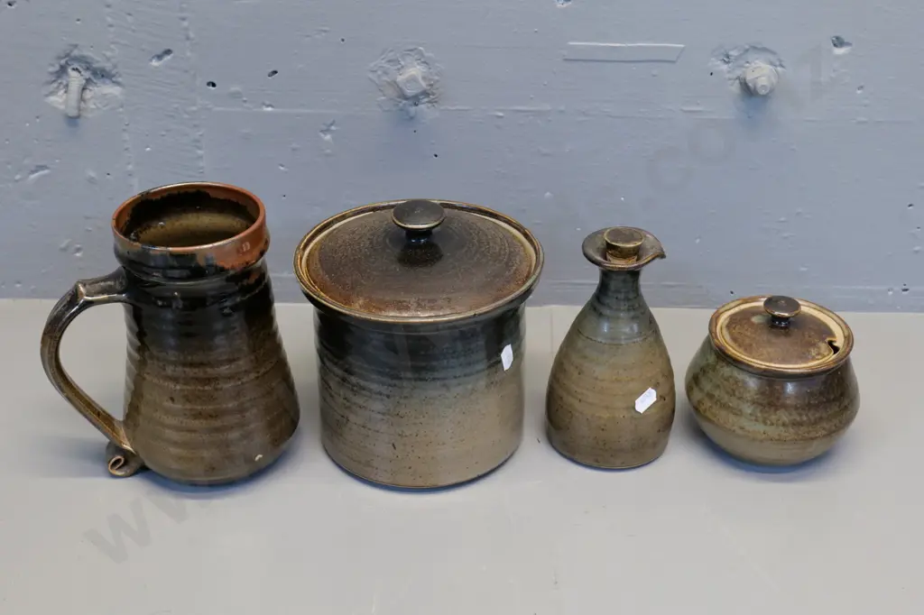 4 Waimea New Zealand studio pottery - biscuit barrel H160 D-160, tankard, sugar bowl, sauce bottle w/tiny chip to spout Image 1++