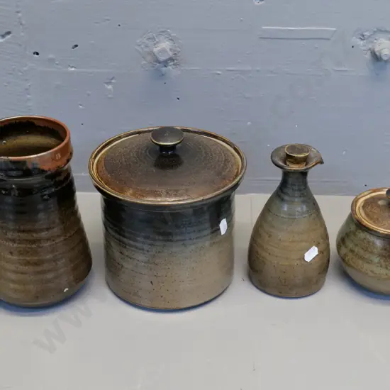4 Waimea New Zealand studio pottery - biscuit barrel H160 D-160, tankard, sugar bowl, sauce bottle w/tiny chip to spout