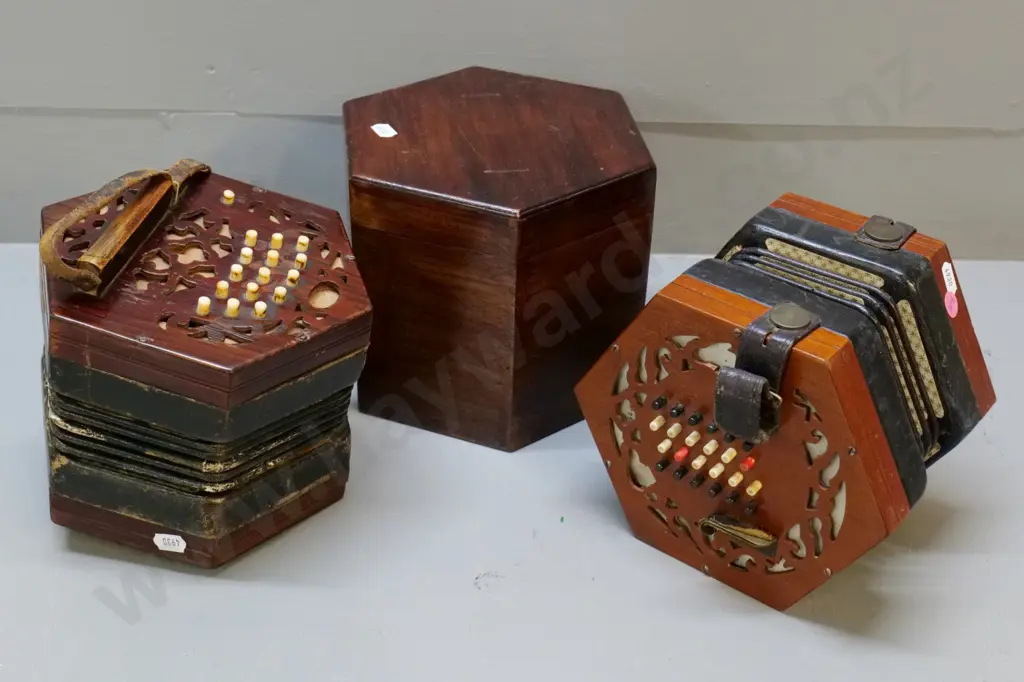 2 restorer's vintage button accordions and a mahogany hexagonal box H160 W200 to fit slightly smaller accordion Image 1++