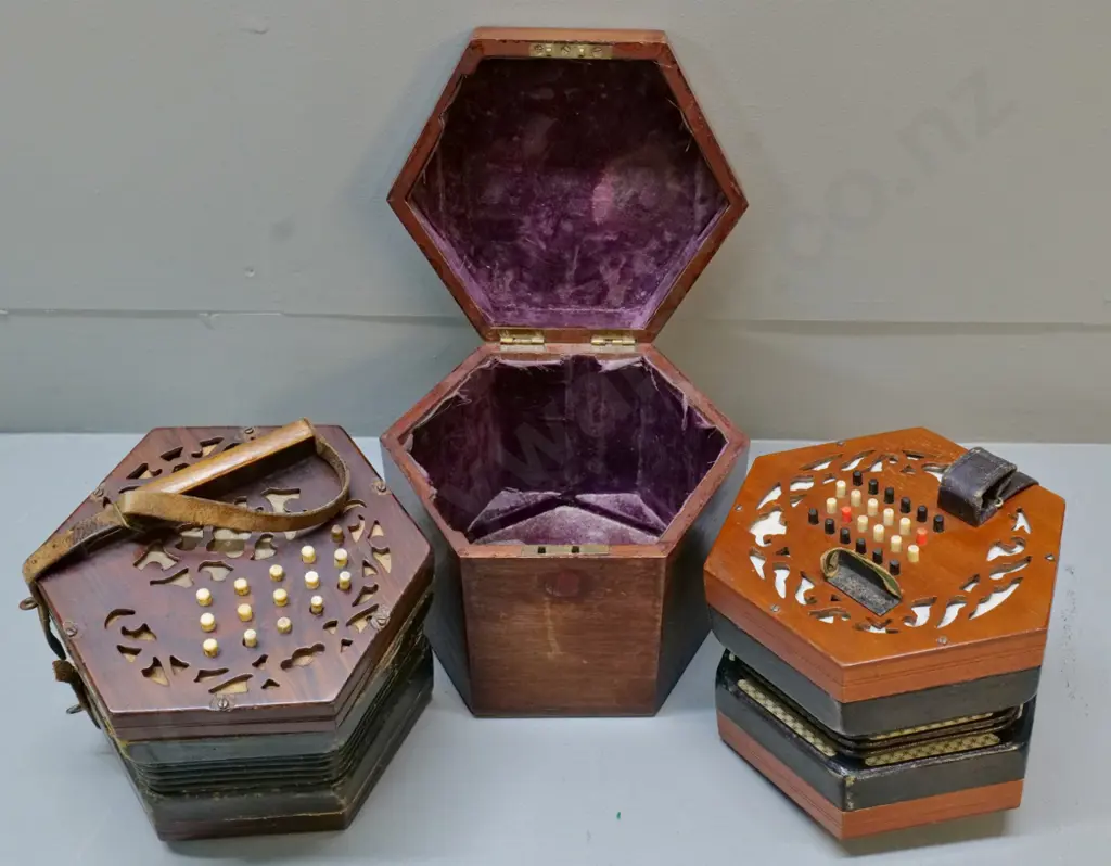 2 restorer's vintage button accordions and a mahogany hexagonal box H160 W200 to fit slightly smaller accordion Image 1++