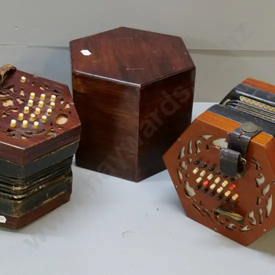 2 restorer's vintage button accordions and a mahogany hexagonal box H160 W200 to fit slightly smaller accordion