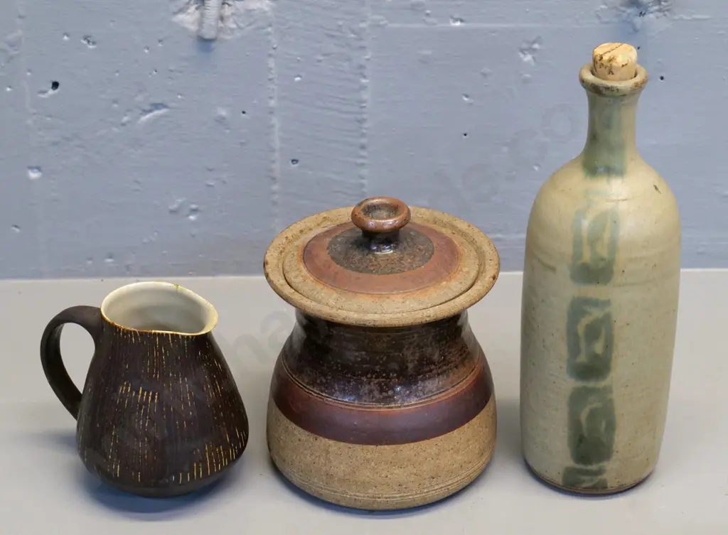 assorted studio pottery - Lucy Rie small jug, NZ lidded pot & stoppered bottle H240, unkown maker's marks Image 1++