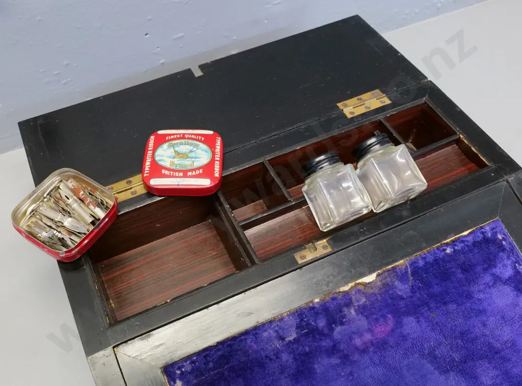 vintage writing slope w/burr veneer, mixed timber & paua inlay, 2 ink bottles, tin of nibs, some cracking to veneer Image 1++