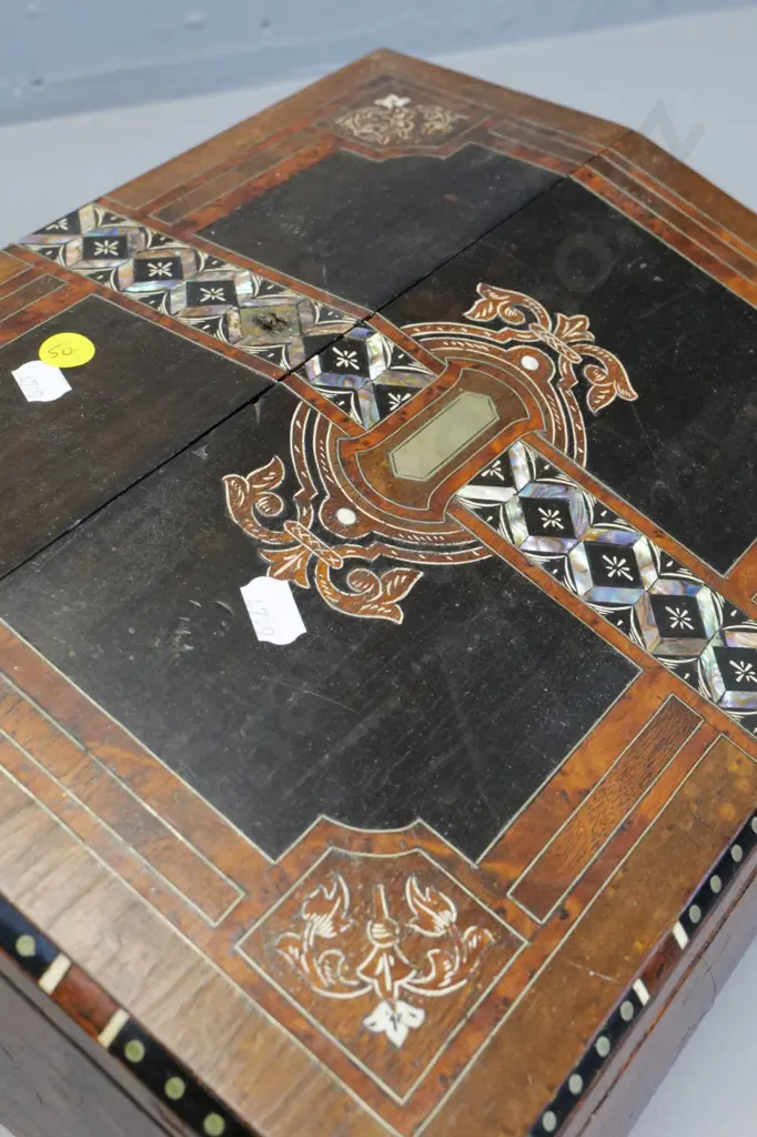 vintage writing slope w/burr veneer, mixed timber & paua inlay, 2 ink bottles, tin of nibs, some cracking to veneer Image 1++