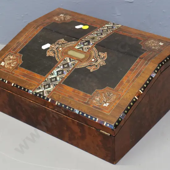 vintage writing slope w/burr veneer, mixed timber & paua inlay, 2 ink bottles, tin of nibs, some cracking to veneer