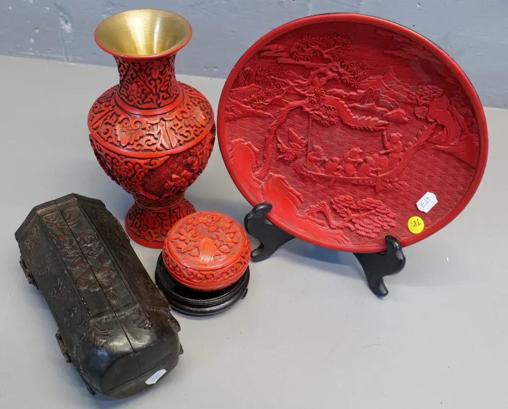 composite hinged 3-piece alter & 3 pieces Chinese cinnabar ware - covered pot on stand, plate D-205 and vase Image 1++