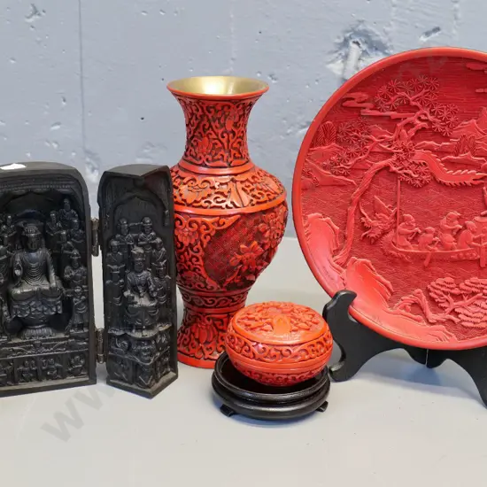 composite hinged 3-piece alter & 3 pieces Chinese cinnabar ware - covered pot on stand, plate D-205 and vase