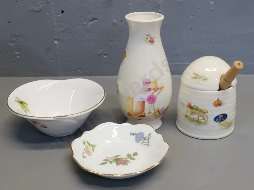 4 pieces of Aynsley china - Edwardian Kitchen Garden vase & honey pot, small floral bowl, Wild Tudor pin dish Image 1++