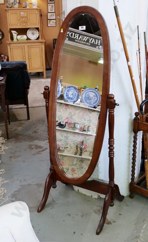 mahogany floor-standing oval cheval mirror - some rubbing to polish H-1540 W-570 Image 1++