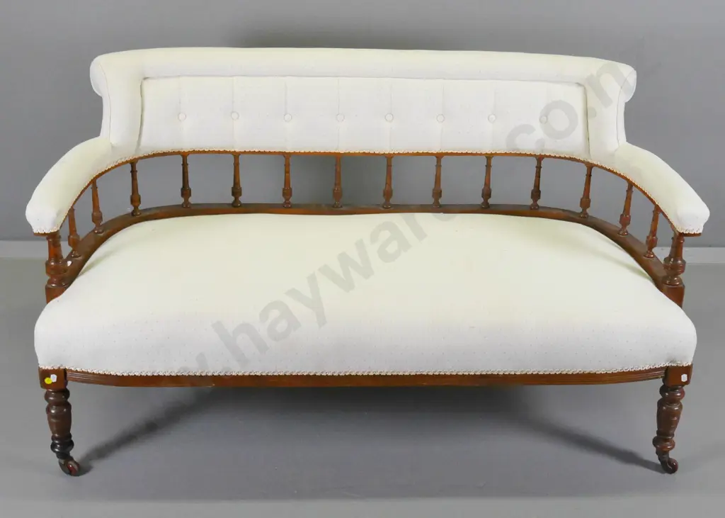 Edwardian tub-style settee w/spindle back, porcelain casters - cream cotton upholstery needs cleaning H760 W1350 D600 Image 1++
