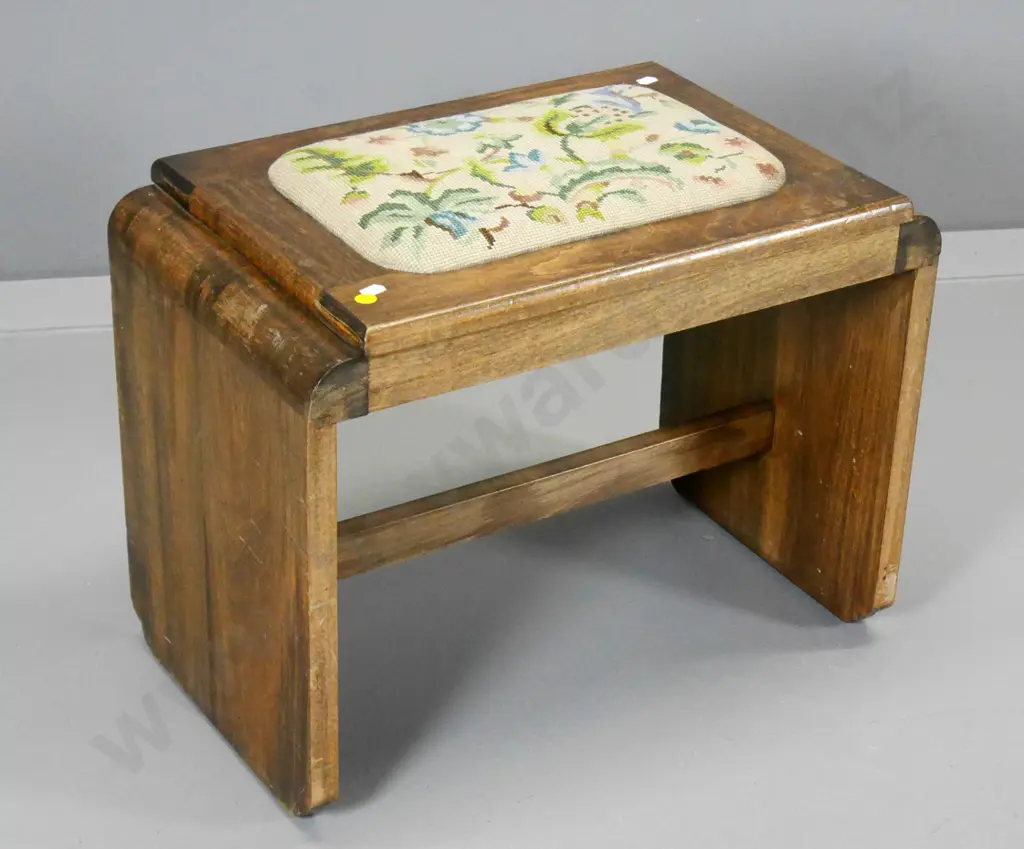 deco solid timber stool with hand-worked tapestry seat - scratches and fading to polish H-400 W-510 D-330 Image 1++