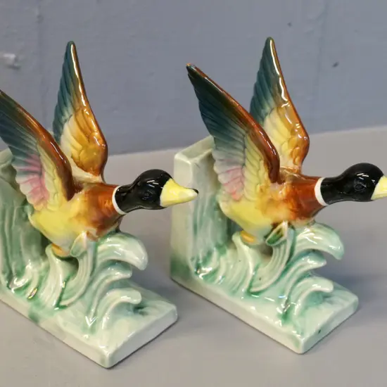 pair of ceramic book-ends - ducks taking off - no maker's marks H-140 L-140