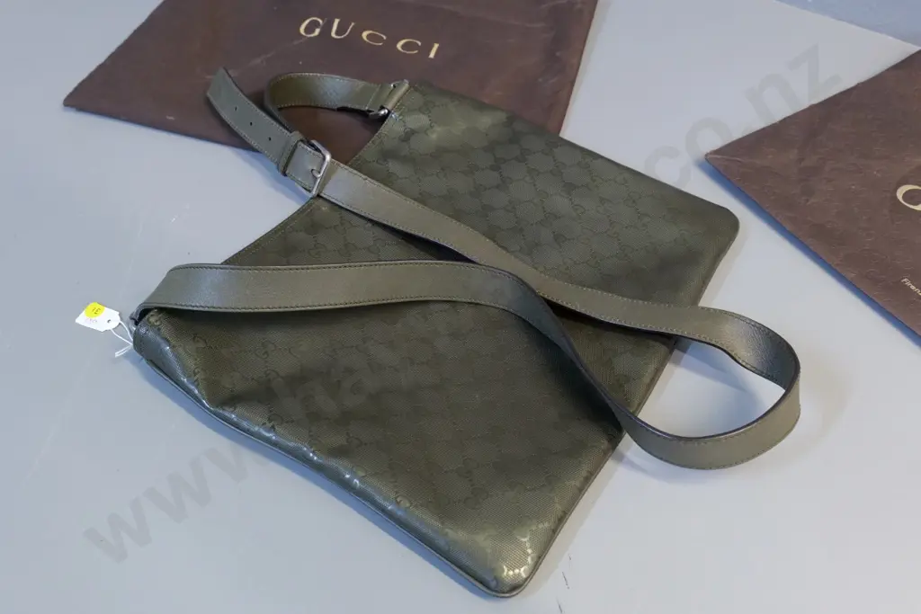 Gucci dark green shoulder bag with leather strap, cloth bag, retail bag & original sales receipt H285 W350 Image 1++