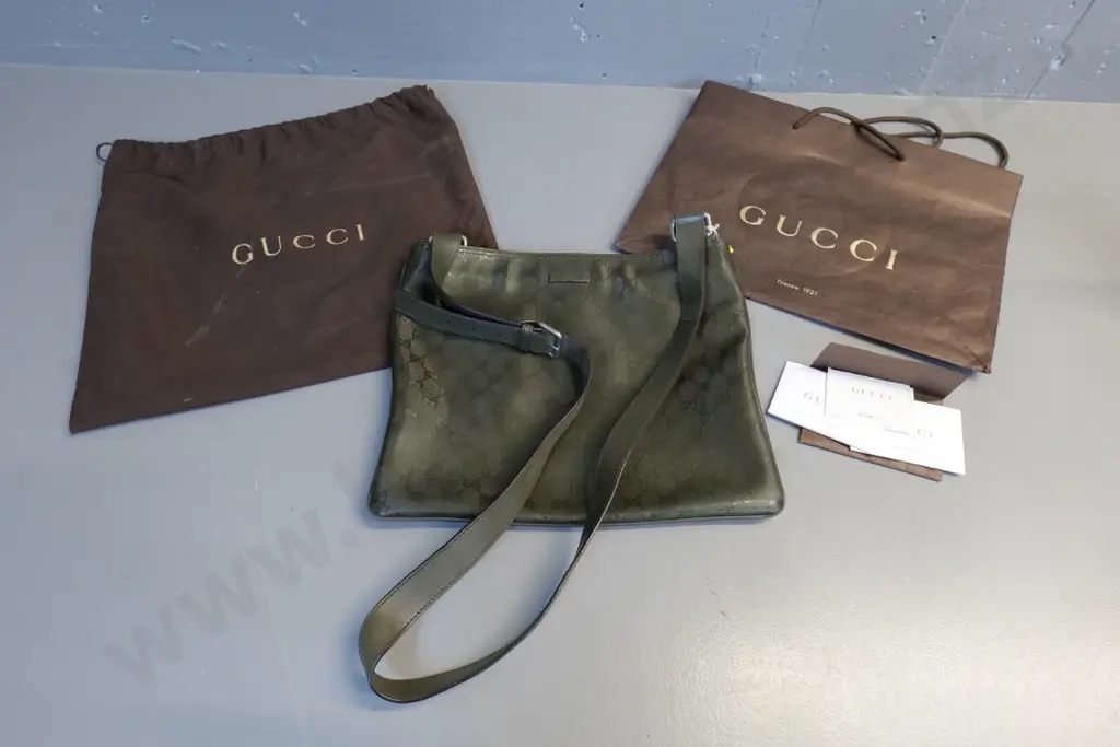 Gucci dark green shoulder bag with leather strap, cloth bag, retail bag & original sales receipt H285 W350 Image 1++