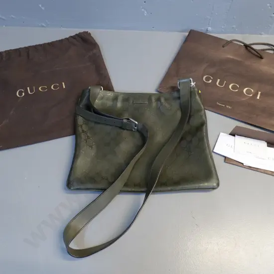 Gucci dark green shoulder bag with leather strap, cloth bag, retail bag & original sales receipt H285 W350
