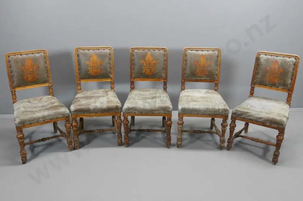 set of 5 (6) vintage oak-framed dining chairs with studded leatherette, painted with fleurs de lys - H900 W460 D450 Image 1++