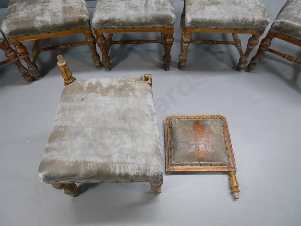 set of 5 (6) vintage oak-framed dining chairs with studded leatherette, painted with fleurs de lys - H900 W460 D450 Image 1++