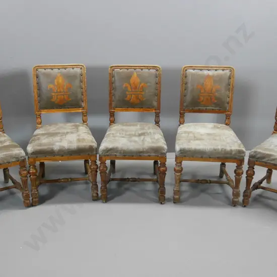 set of 5 (6) vintage oak-framed dining chairs with studded leatherette, painted with fleurs de lys - H900 W460 D450