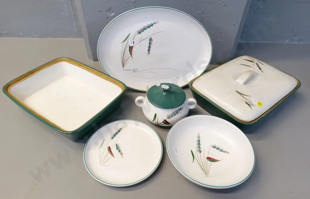 Denby Greenwheat oven-proof table ware - lidded casserole, ashett L320, bowl, plate, sugar bowl - some staining Image 1++