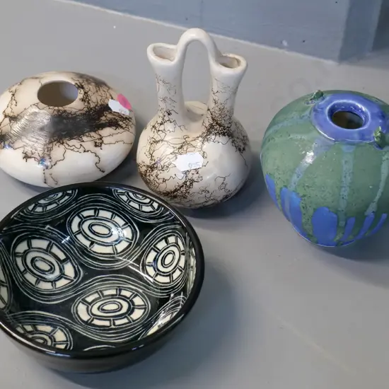 4 small studio pottery items -  Michelle Todd bowl D-130, two "Skeeter Vail" taller H-130, one vase