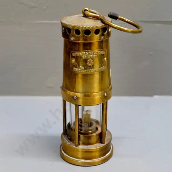 reproduction brass Welsh miner's lamp - E. Thomas & Williams Ltd. plaque H-160