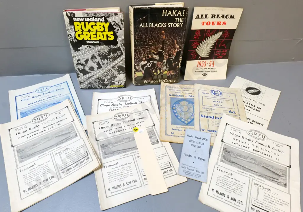 rugby items - 2 books and assorted programs including 1952 Otago ORFU, other rugby tour programs Image 1++