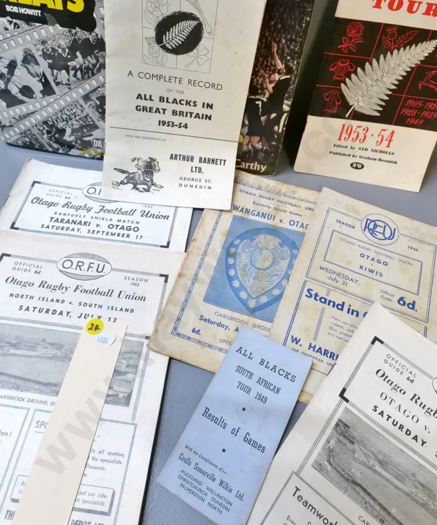 rugby items - 2 books and assorted programs including 1952 Otago ORFU, other rugby tour programs Image 1++