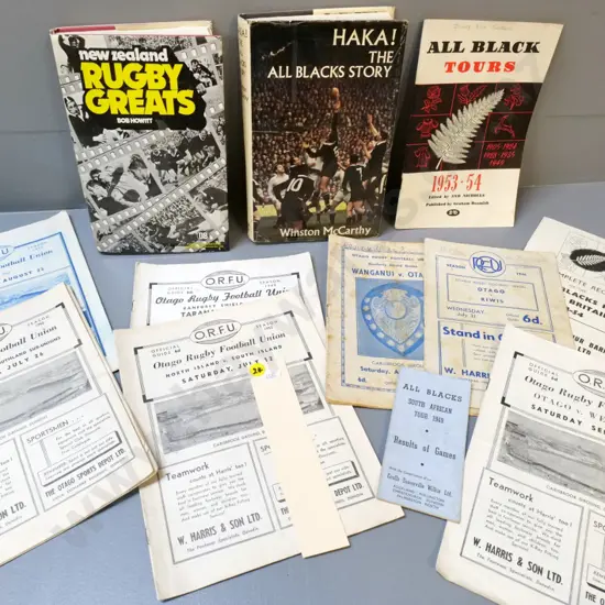 rugby items - 2 books and assorted programs including 1952 Otago ORFU, other rugby tour programs