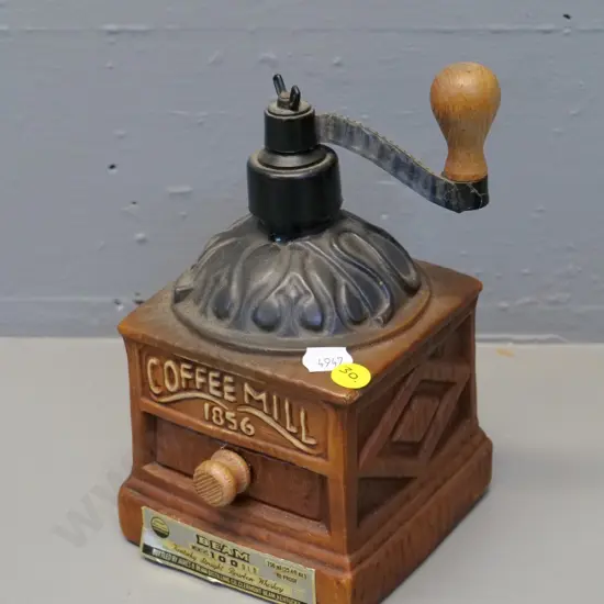 Jim Beam porcelain decanter in shape of vintage coffee mill with metal and wood handle - no contents H200
