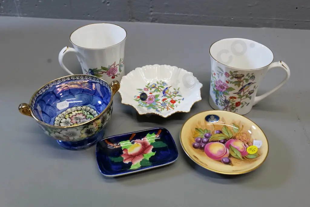 Aynsley Orchard Gold pin dish, 2 Aynsley Pembroke mugs and pin dish, 2 pieces of Maling Image 1++