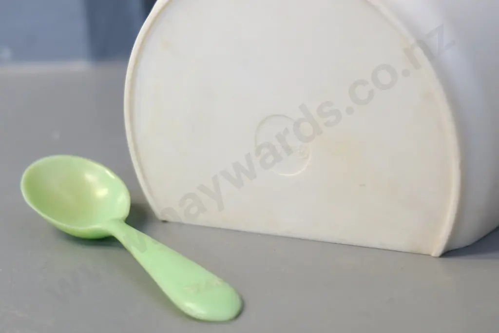 retro wall-mount Bristolite New Zealand plastic salt cellar with spoon marked NZR, H-110 W-145 Image 1++