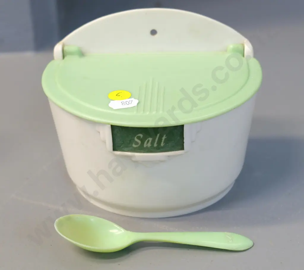 retro wall-mount Bristolite New Zealand plastic salt cellar with spoon marked NZR, H-110 W-145 Image 1++