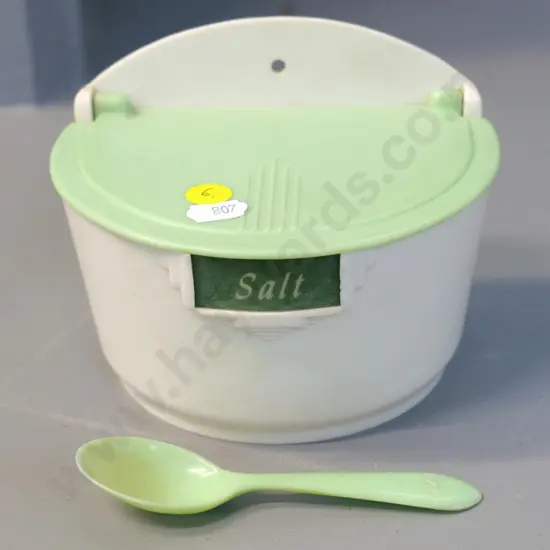 retro wall-mount Bristolite New Zealand plastic salt cellar with spoon marked NZR, H-110 W-145