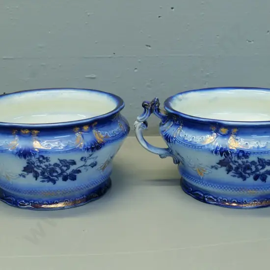 pair of Victorian flow blue and gilt chamber pots - H-135 W-280