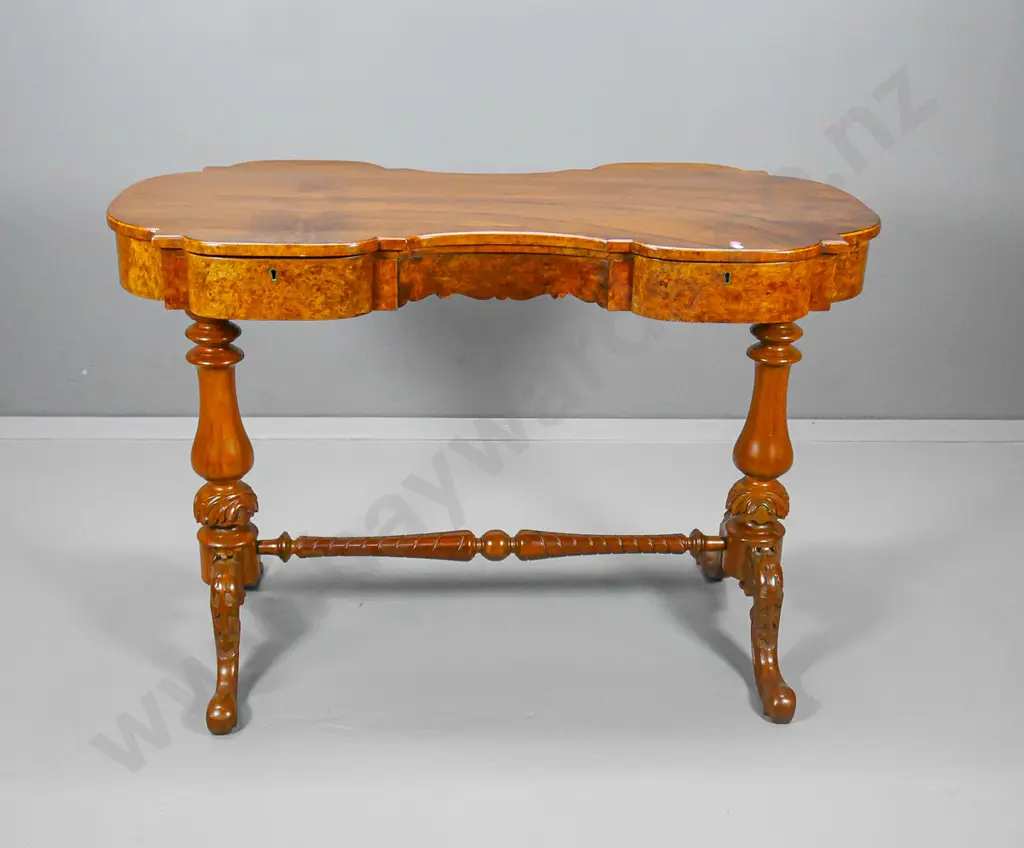 antique hall table, solid & burr veneer rosewood, carved legs, stretcher base, 2 drawers H730 W1080 D530 Image 1++