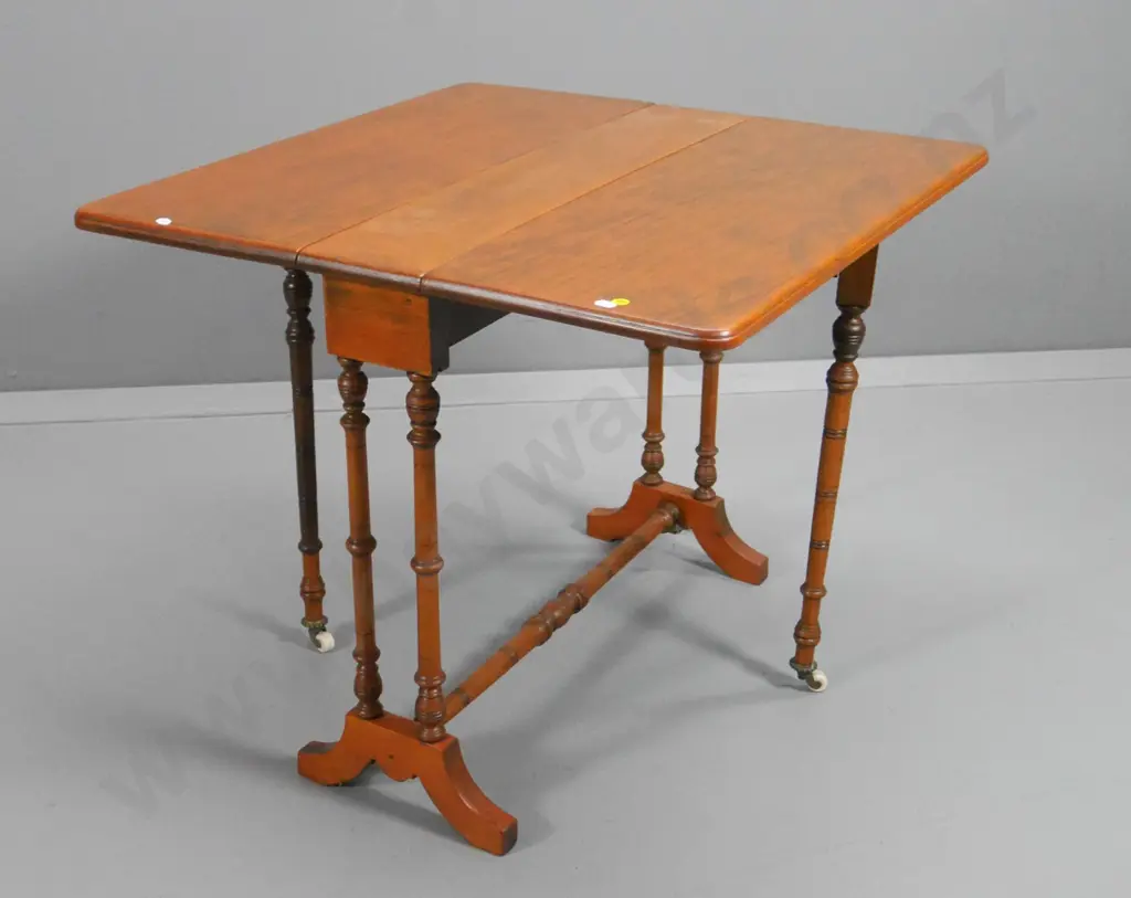 vintage kauri gate-leg occasional table with spindle columns, original porcelain casters H590 W680 L690 open Image 1++