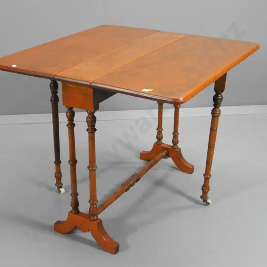 vintage kauri gate-leg occasional table with spindle columns, original porcelain casters H590 W680 L690 open