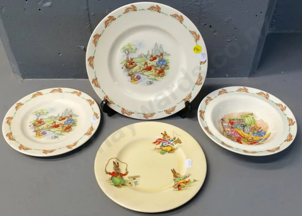 3 Royal Doulton Bunnykins plates, largest is D-205, and a Royal Winton Bunny's Playtime plate Image 1++