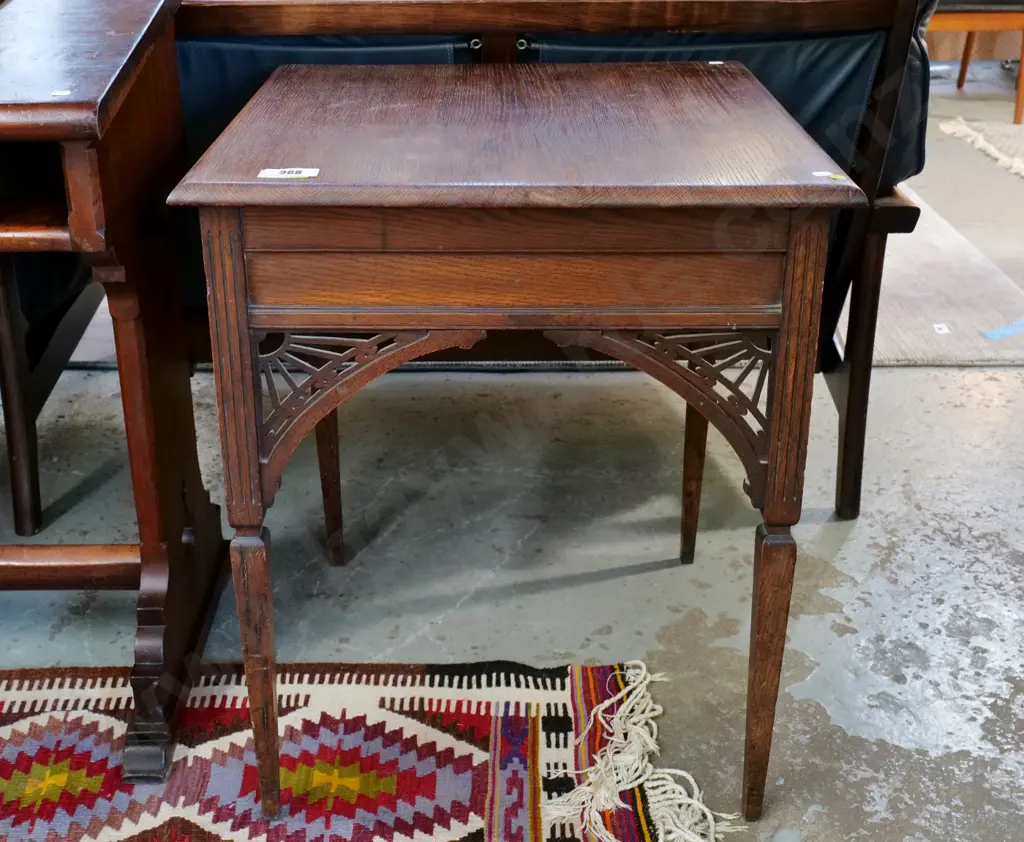 oak square occasional table with fretted bracketing, tapered legs H720 W600 D600 Image 1++